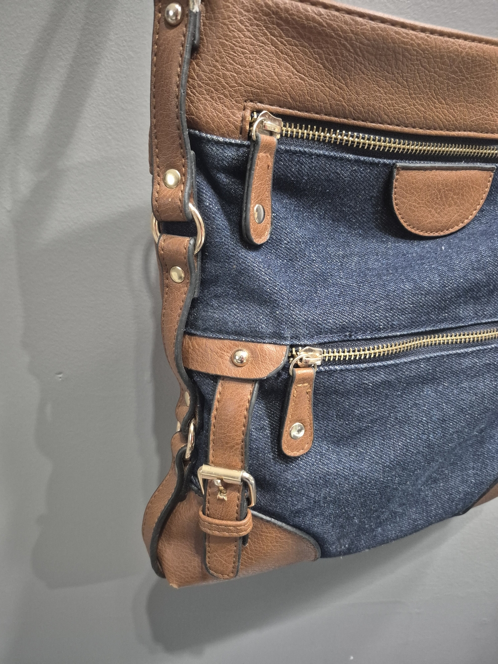 Women’s Crossbody/Shoulder Bag in Dark Blue Denim and Brown Faux Leather - Picture 6 of 12